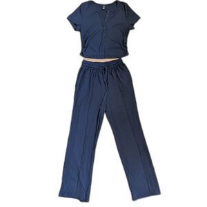 Pretty Garden Navy Blue Cropped Top & Wide Leg Bottoms Loungewear Set Size Large